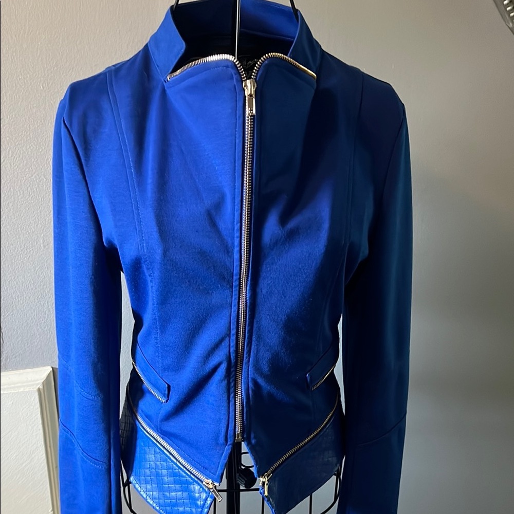 Cute Vintage Biker Retro Bold Blue Blazer with High Collar Slim Fit Faux Leather - Picture 6 of 16